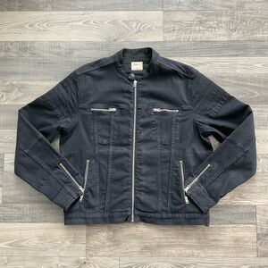 Gap 1969 Denim Moto Biker Jacket Mens LARGE Black Denim Full-Zip Zippered Pocket
